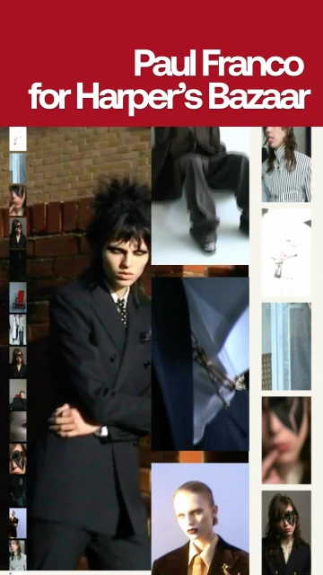 Fashion editorial featuring a female model in a dark blazer, shot indoors with a collage effect, showcasing various poses and angles.