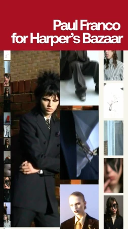 Fashion editorial featuring a female model in a dark blazer, shot indoors with a collage effect, showcasing various poses and angles.