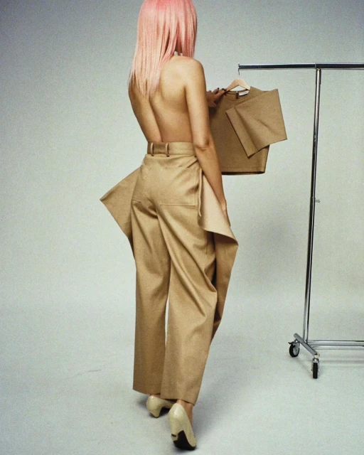 Back view of a slender adult woman with pink hair, posing in beige pants, shoes and carrying a matching top on a hanger in a studio.