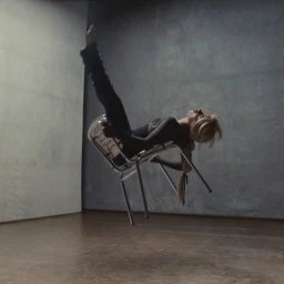 Woman floating mid-air suspended upside down on a metal chair against a textured concrete wall background