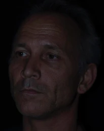 Close-up portrait of a mature man with serious expression against a dark background by photographer Paul Graham