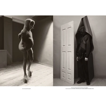 Sepia-toned studio diptych of two figures in sculptural knitwear and dark hooded outerwear, standing on platforms and next to a door.