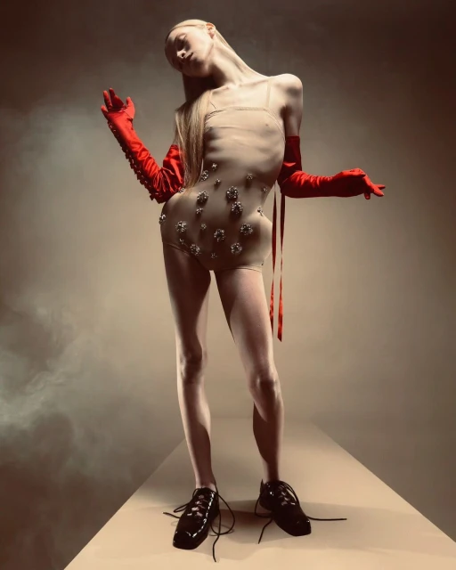 Full-length shot of a slender woman in a beaded bodysuit, red gloves, and platform shoes, on a beige surface with a smoky background.