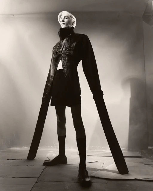 Monochrome studio shot of a slender adult female fashion model in black coature, wearing black hosiery and pumps. She is standing and looking up.