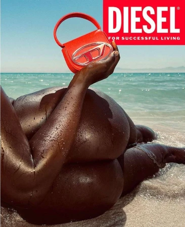 Black woman reclining on a sandy beach holding a vibrant red handbag against the blue ocean water by Paul Kooiker