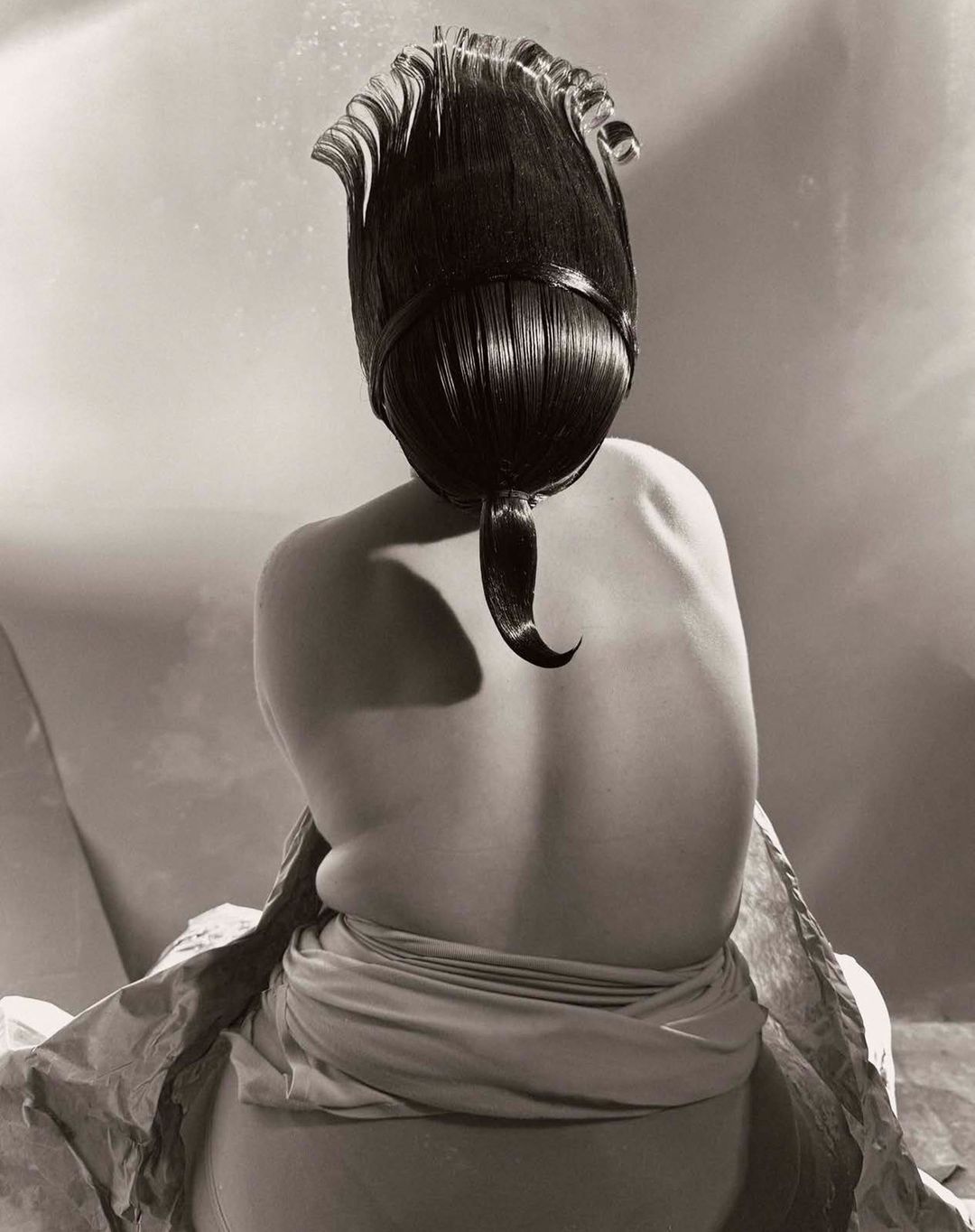 Back view of a person with an elaborate dark hairstyle, wearing a draped garment, in a monochromatic artistic studio photograph.