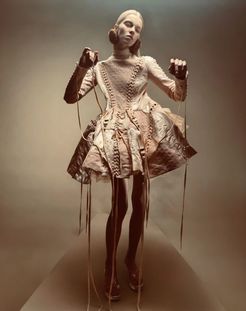 A slender, fair-skinned model in a pale pink, marionette-inspired dress poses in a photo studio with controlled strings creating a dramatic effect.