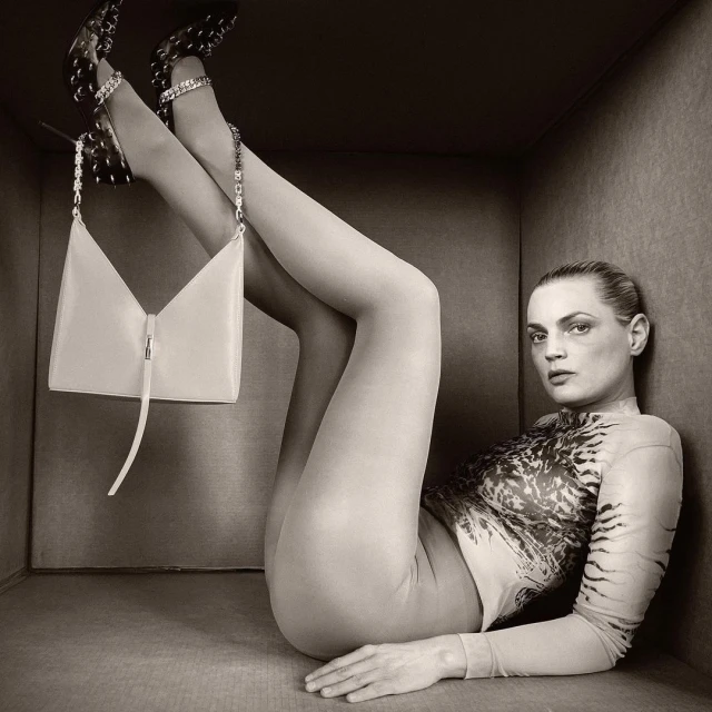 Fashion portrait of an adult female lying in a box with a handbag and designer shoes, sepia-toned, beauty and fashion concept.