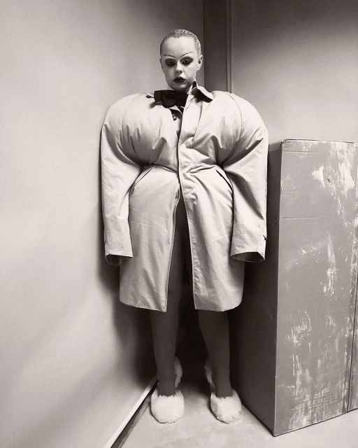 Monochrome portrait of a woman in an avant-garde, oversized beige trench coat with voluminous sleeves, and fluffy slippers, posing indoors.