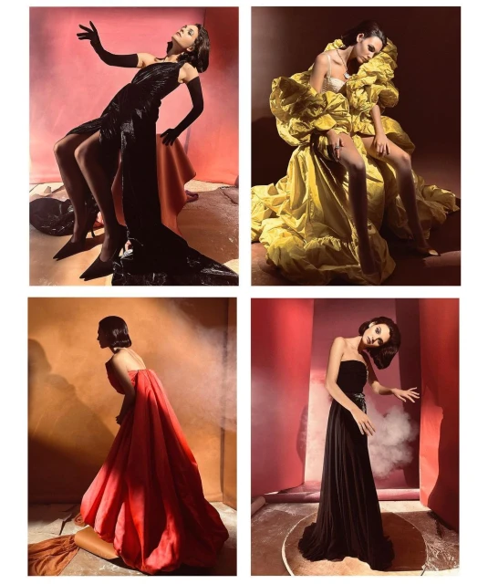 Four portraits of a woman posing in fashion dresses against studio backdrops in black, yellow, and red hues, capturing a high-fashion aesthetic.
