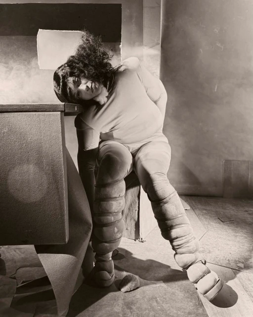 Artistic photograph of an adult female with unique leg padding, resting her head against a gray surface in a muted, indoor setting.