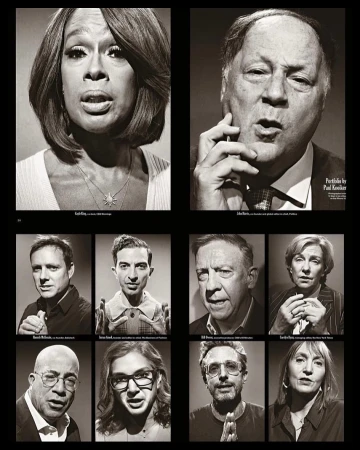 Black and white composite image featuring the portrait of nine different people looking directly at the camera with different facial expressions.