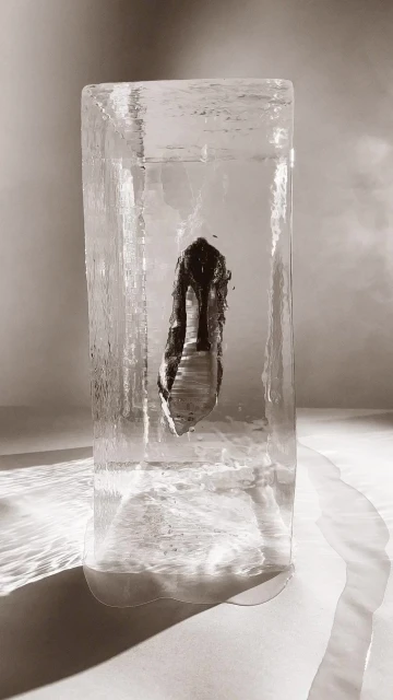 High heel pump encased in a rectangular clear ice block on a neutral surface with dramatic lighting creating shadows and a stark effect.
