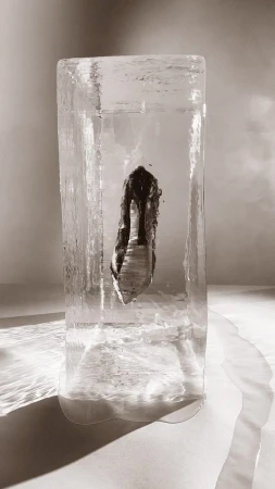 High heel pump encased in a rectangular clear ice block on a neutral surface with dramatic lighting creating shadows and a stark effect.