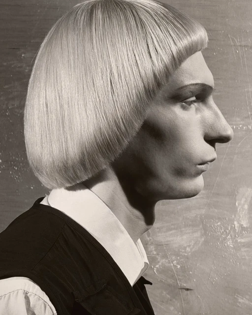 Monochrome portrait of a person in profile with a blunt blonde bowl cut, collared shirt, and black vest against a mottled background.