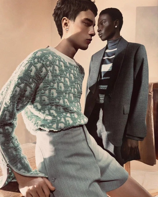 Two adult male fashion models pose in a studio wearing clothing with a repeating logo design, with a neutral tan background. 