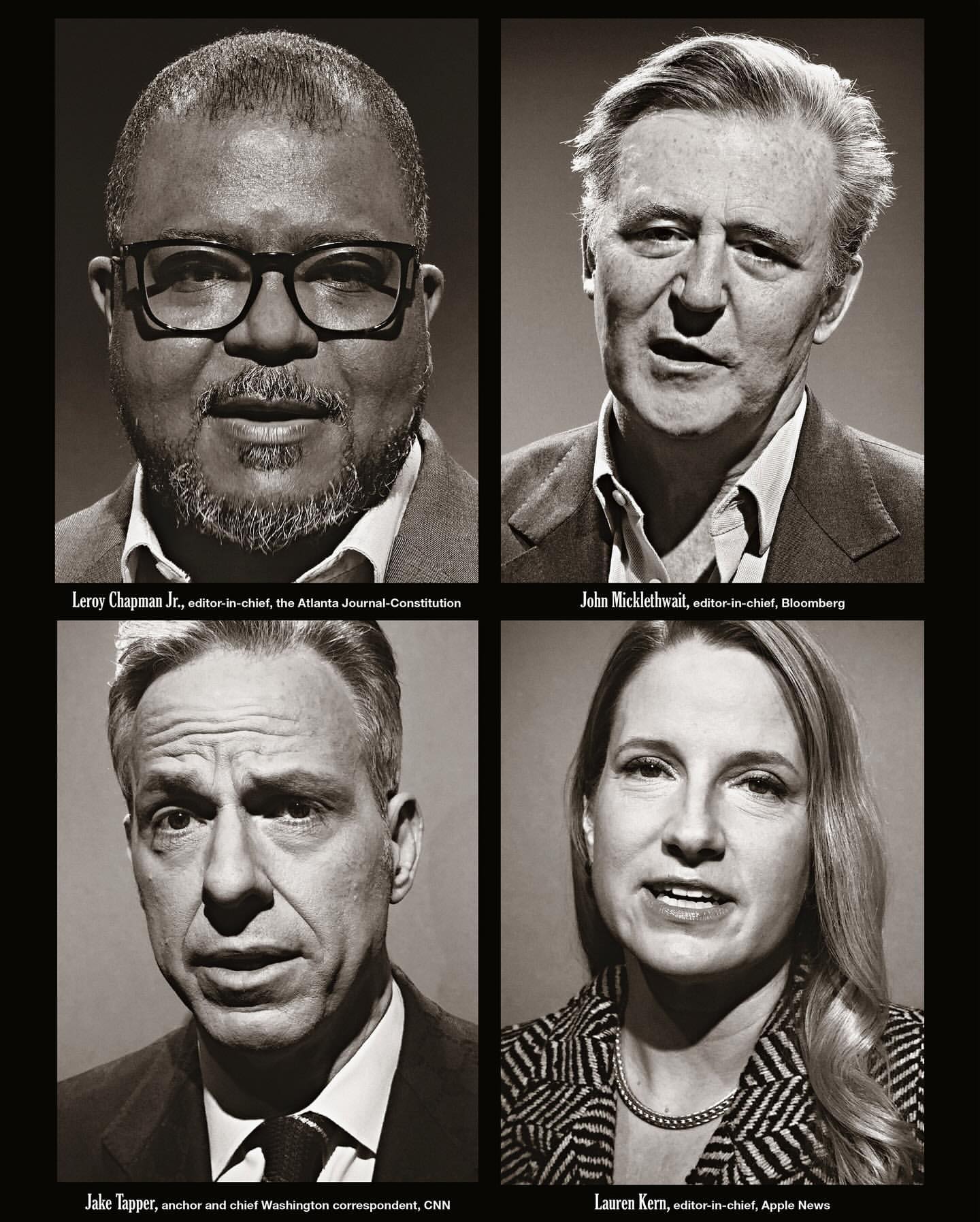 Black and white photo of four headshots of Lerey Chapman Jr., John Micklethwait, Jake Tapper, and Lauren Kern in a grid.