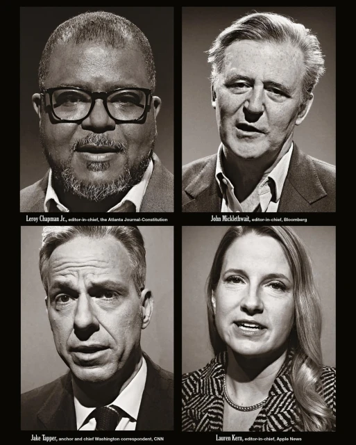 Black and white photo of four headshots of Lerey Chapman Jr., John Micklethwait, Jake Tapper, and Lauren Kern in a grid.