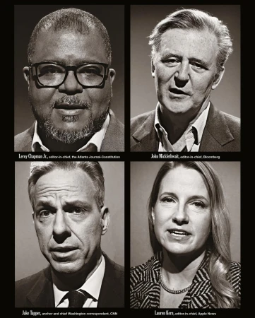 Black and white photo of four headshots of Lerey Chapman Jr., John Micklethwait, Jake Tapper, and Lauren Kern in a grid.