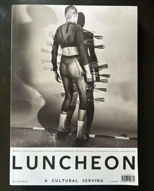 Magazine cover featuring a model in a full bodysuit with a shadow and unusual object attachments, set against a muted backdrop.