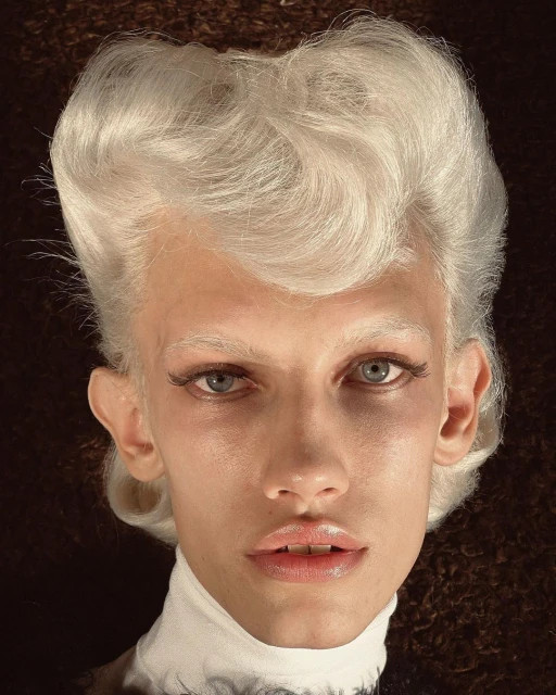 Close-up portrait of an adult woman with light skin, blue eyes, and a prominent white, curled hairstyle against a textured brown background.