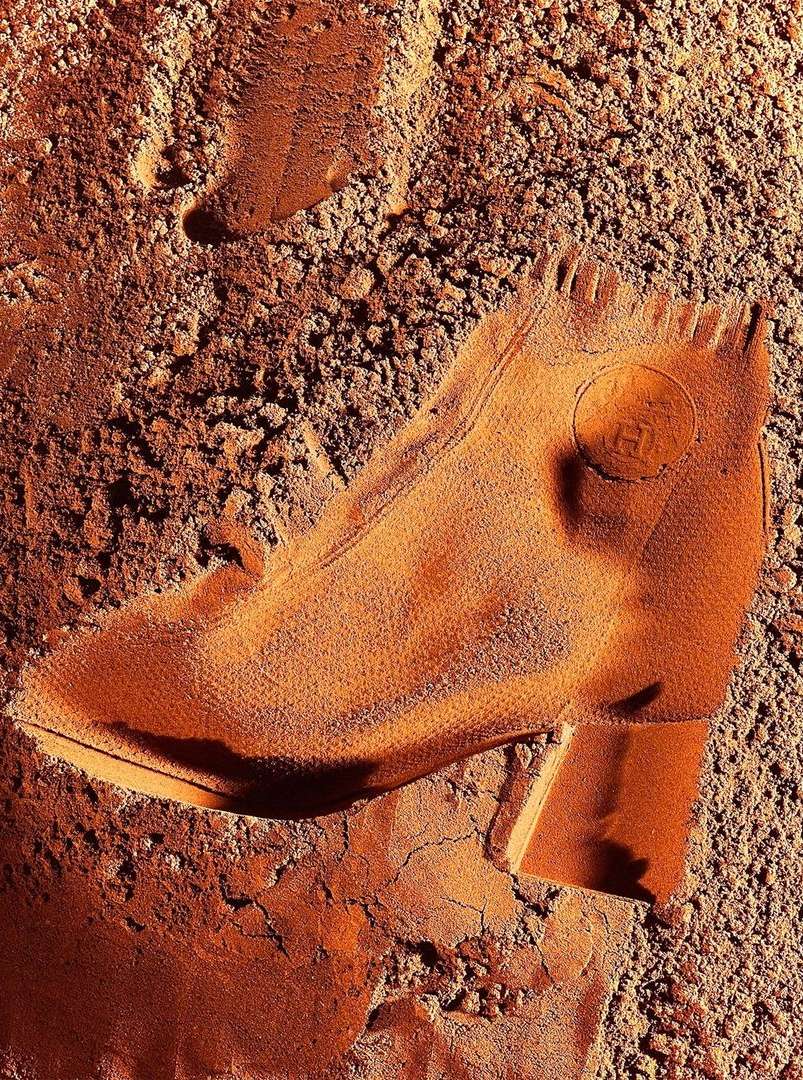 Earthen-toned sculpted high-heel shoe lies nestled in textured soil, blending fashion with natural hues, creating a unique visual statement.