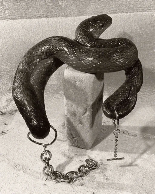 Monochromatic image of a dark snake coiled around a concrete block, with a silver chain attached, against a textured backdrop.
