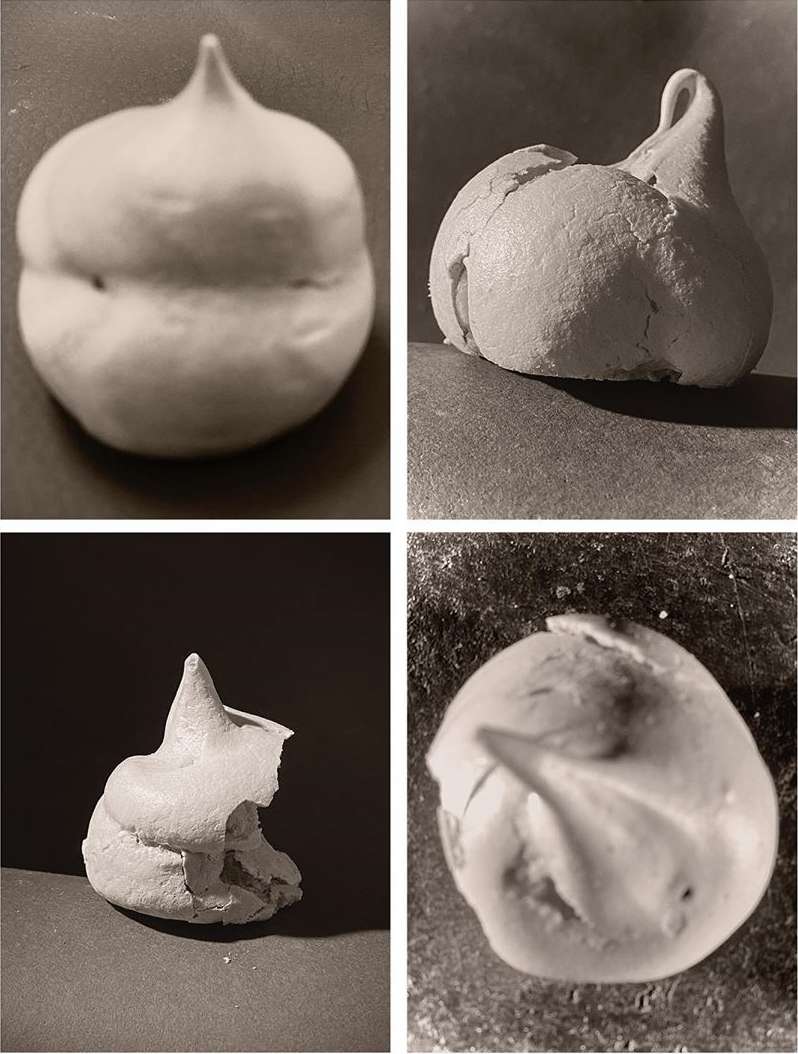 Monochrome photo collage featuring multiple meringue cookies against a dark backdrop, creating a minimalist and visually striking composition.