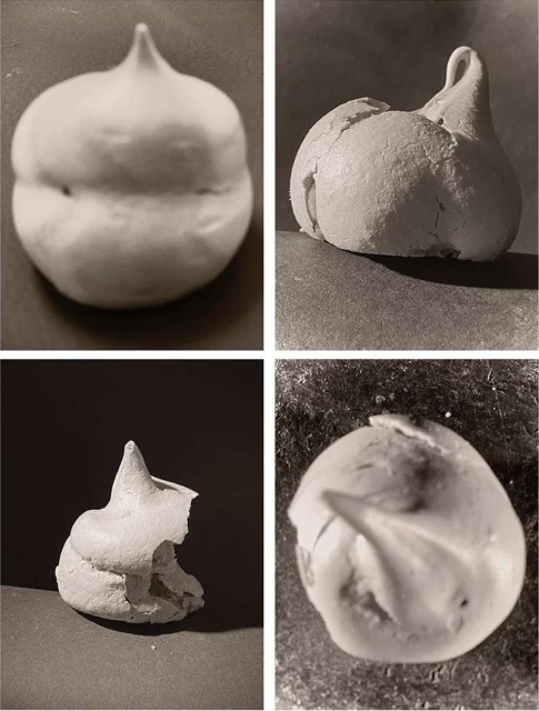 Monochrome photo collage featuring multiple meringue cookies against a dark backdrop, creating a minimalist and visually striking composition.