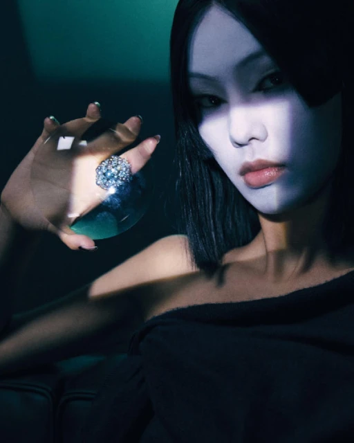 Mysterious portrait of Asian woman with white face paint and a ring, holding a crystal ball in a darkly lit studio, beauty shoot.