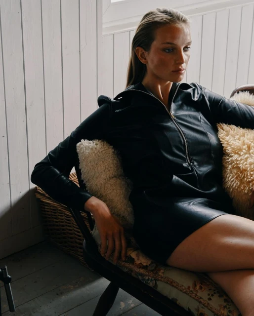 Adult female model with fair skin poses in a hooded, black leather-like dress, seated in a wicker chair in an indoor environment.