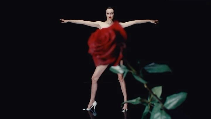 Adult female fashion model in a red rose dress posing in a dark photo studio. Fashion editorial portrait on black backdrop.