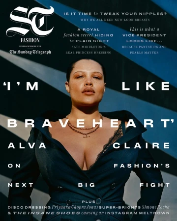 Alva Claire wearing a dark coat and gold necklace against a geometric blue and white architectural background by Paul Mclean