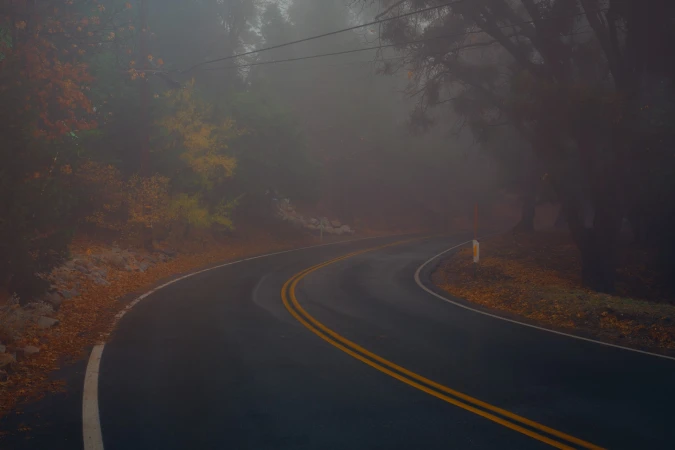 Winding road curves through a foggy forest landscape with autumn foliage and double yellow lines marking the center of the asphalt.