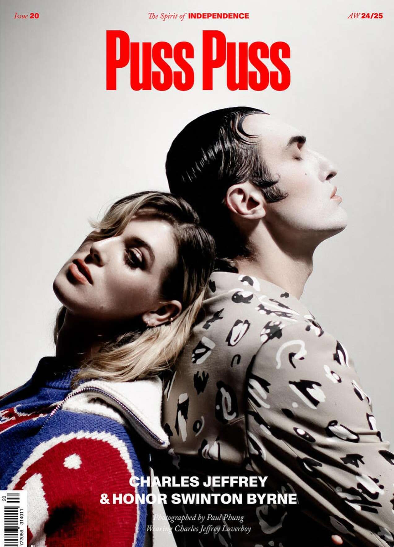Magazine cover featuring Charles Jeffrey and Honor Swinton Byrne, shot in a studio with a creamy background and bright, directional lighting.