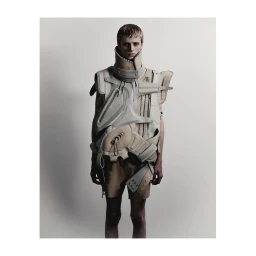 A male model wearing a structured beige leather vest with multiple straps and a high collar against a plain grey background.