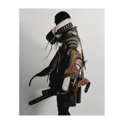 Model wearing a heavily textured, sculptural avant-garde garment with straps and padding against a white backdrop.