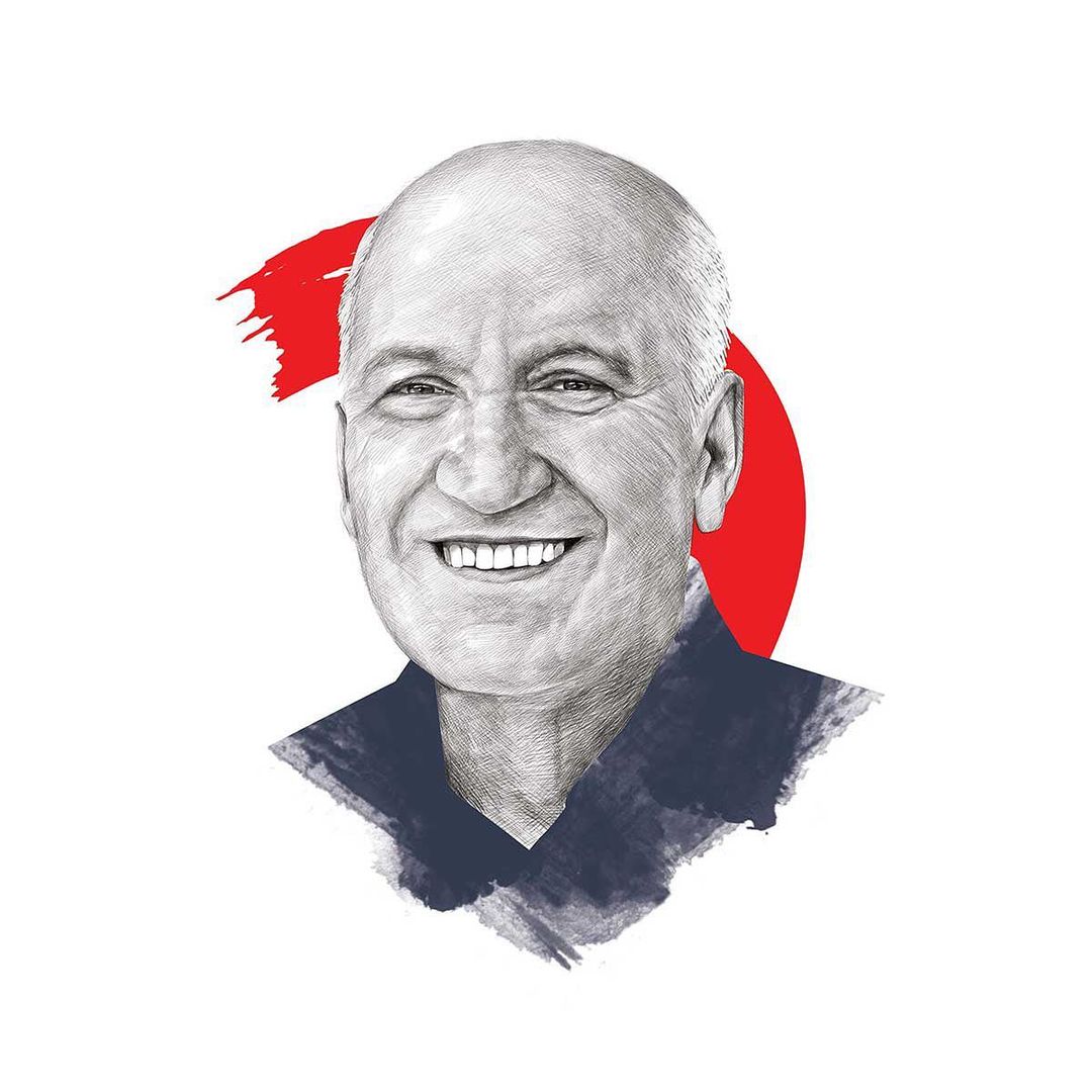 Illustration of a smiling older man with a bald head, set against a white background with red accents, showcasing detailed line work.