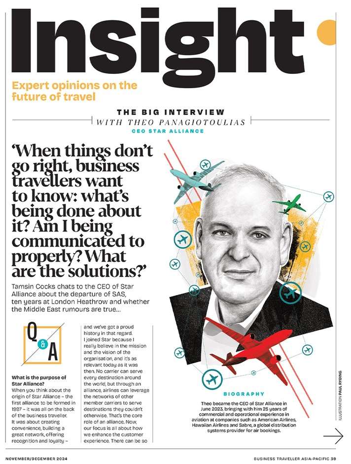 Magazine cover featuring Theo Panagiotoulias, CEO of Star Alliance, with overlaid airplane graphics and travel-related article excerpts.
