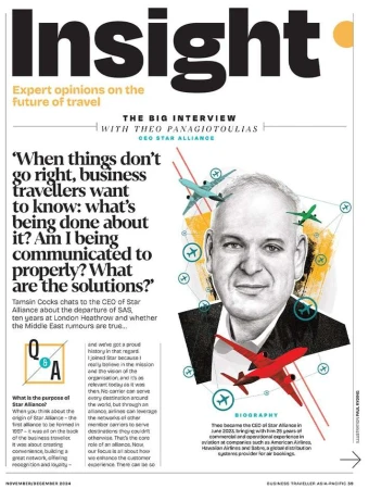 Magazine cover featuring Theo Panagiotoulias, CEO of Star Alliance, with overlaid airplane graphics and travel-related article excerpts.
