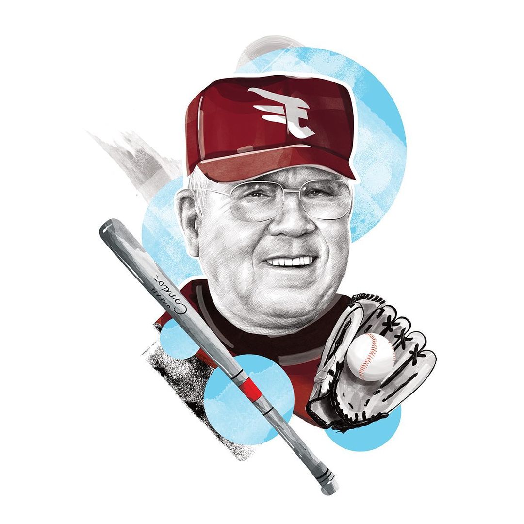 Illustration of smiling elderly man wearing baseball cap, with baseball bat and glove, against a white background with abstract design.