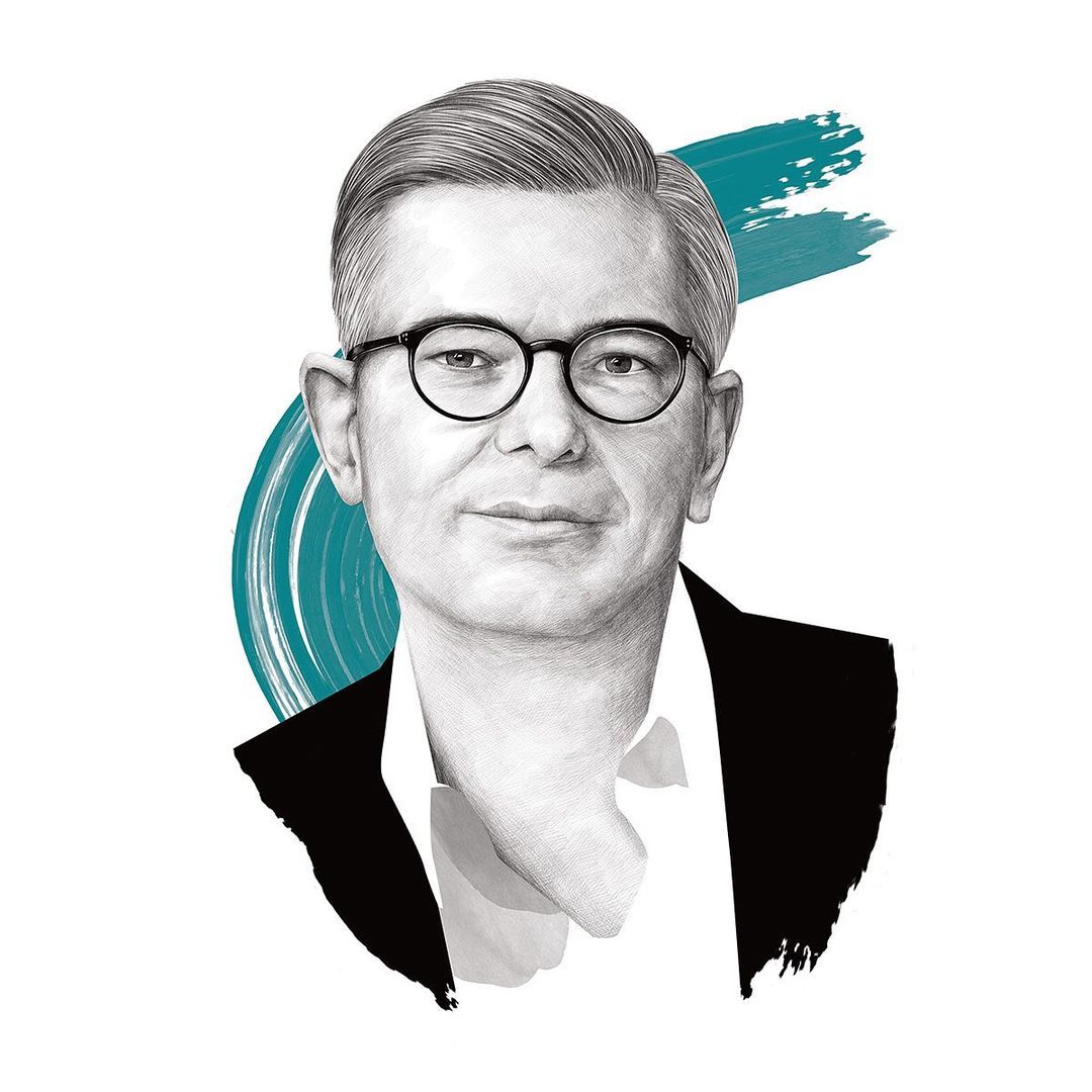 Illustration of an adult male with glasses and a suit jacket, rendered in black and white with a teal brush stroke background.