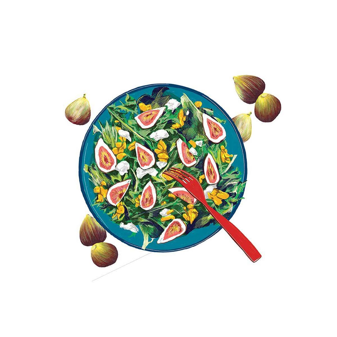 Overhead shot of a fig and arugula salad on a teal plate with a red fork, surrounded by scattered figs against a white background.