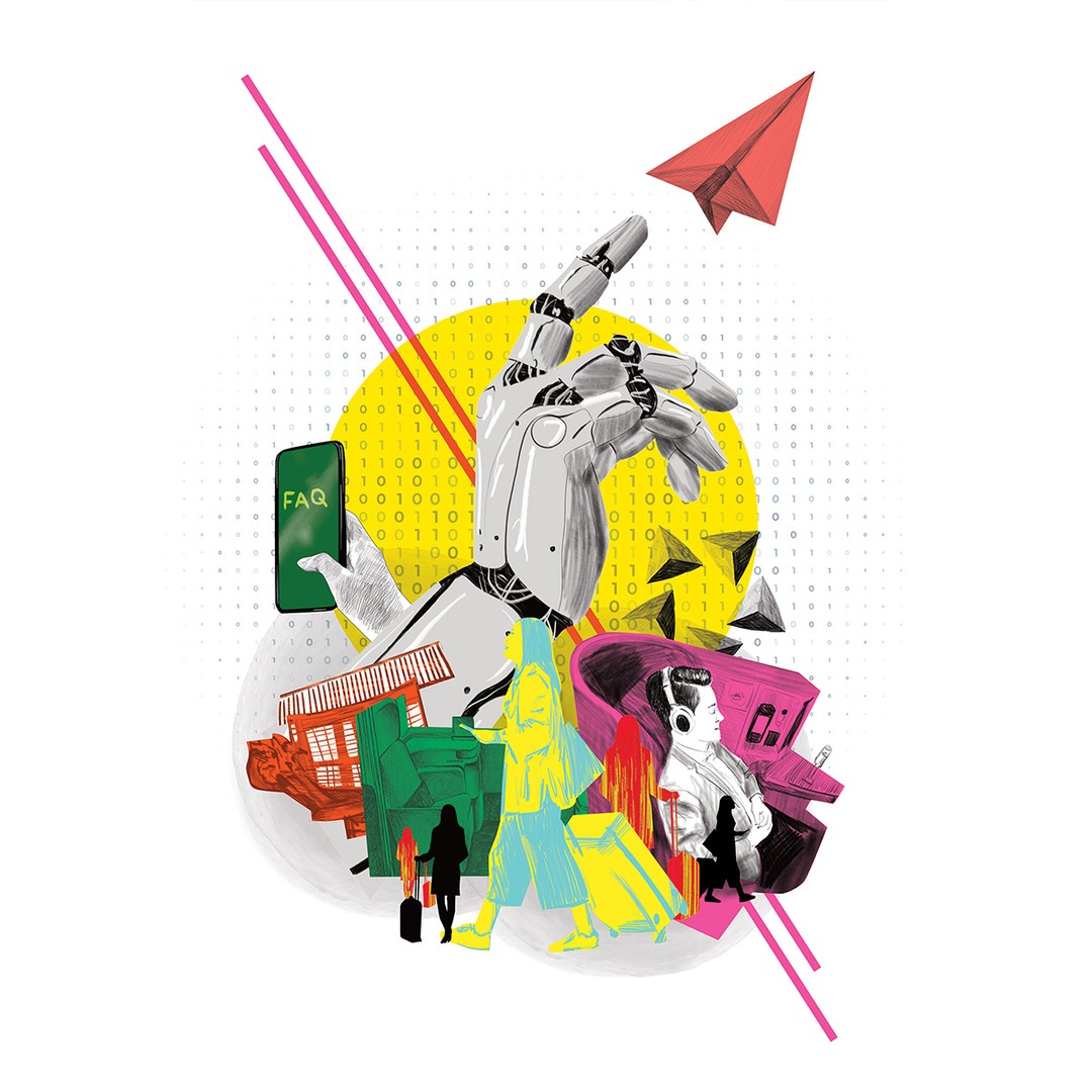 Graphic illustration featuring a robotic hand, paper airplane, people with luggage, and digital binary code elements on a white backdrop.