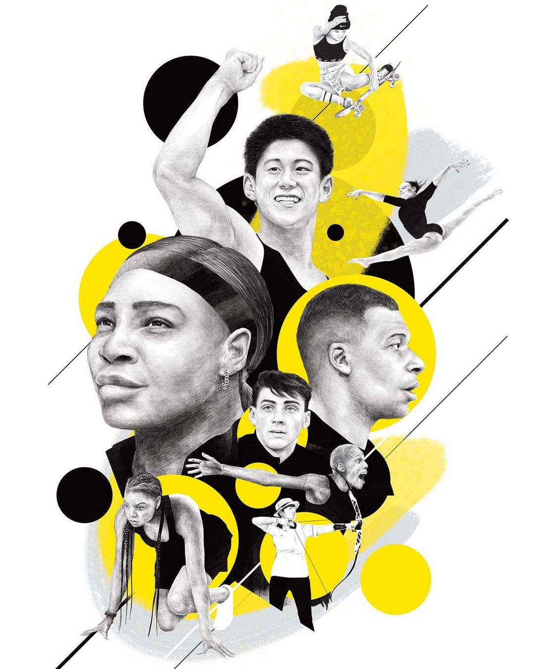 Illustration of several athletes including Serena Williams, an archer, a skateboarder, and a gymnast against a white background with yellow accents.