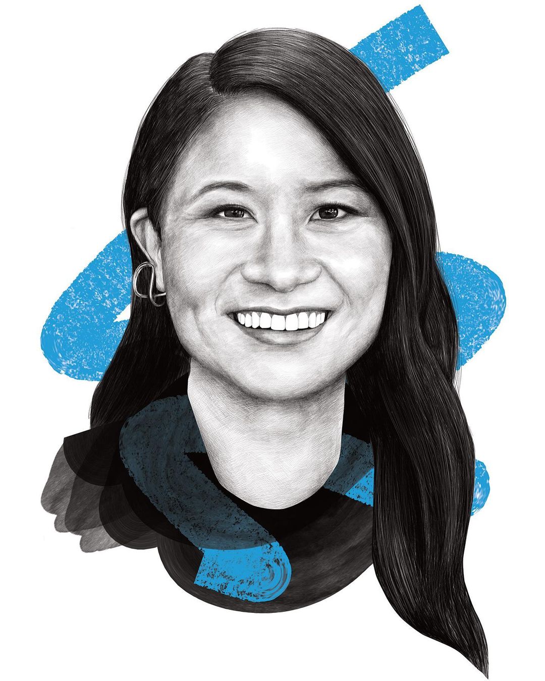 Illustration of a smiling adult woman with black hair and hoop earrings, wearing a dark top, against a white background with blue brushstrokes.