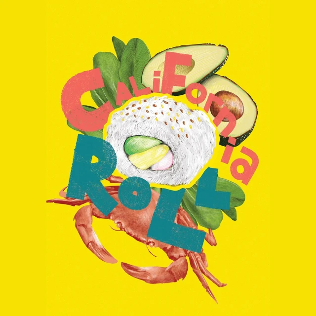 Graphic illustration featuring a California roll, avocado, crab, and lettuce on a yellow background, accompanied by the words 'California Roll'.