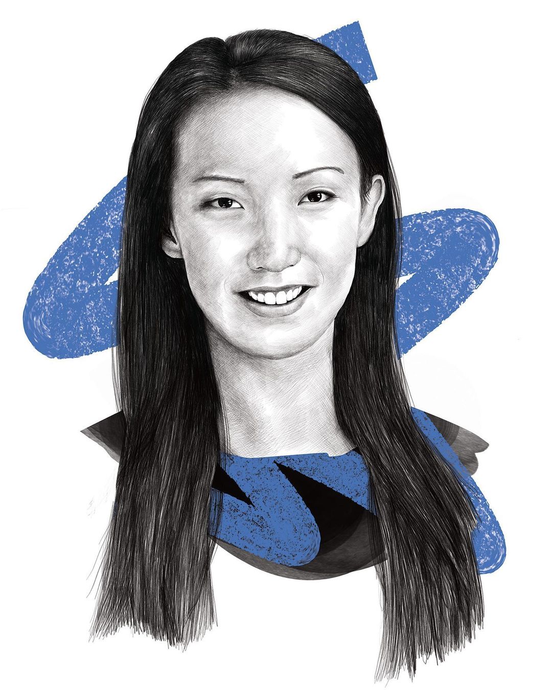 Illustration of an Asian woman with long black hair, smiling, set against a white background with blue graphic elements.