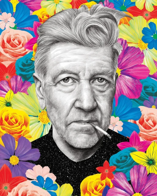Illustration of adult male with gray hair smoking a cigarette, set against a bright floral background featuring roses and daisies.
