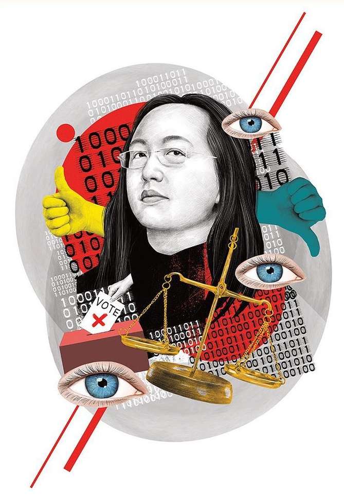 Illustration featuring a person's face, scales of justice, voting box, thumbs up and down, and scattered eyeballs, set against binary code.